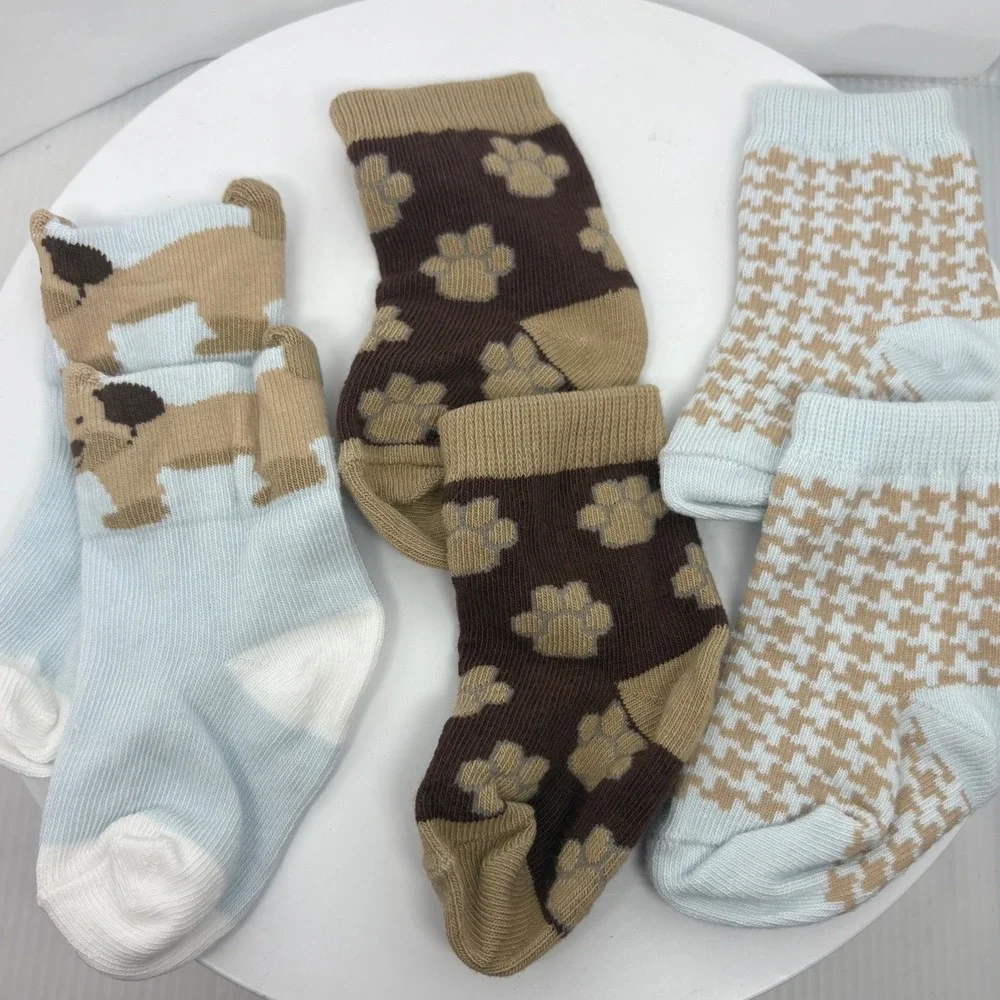 Baby Socks 3 Pack Dog Paw Print Houndstooth Blue Brown 6-12 Months
